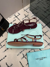 AQUAZZURA 26S FLAT SANDALS IN DARK RED SUEDE CRYSTAL-EMBELLISHED
