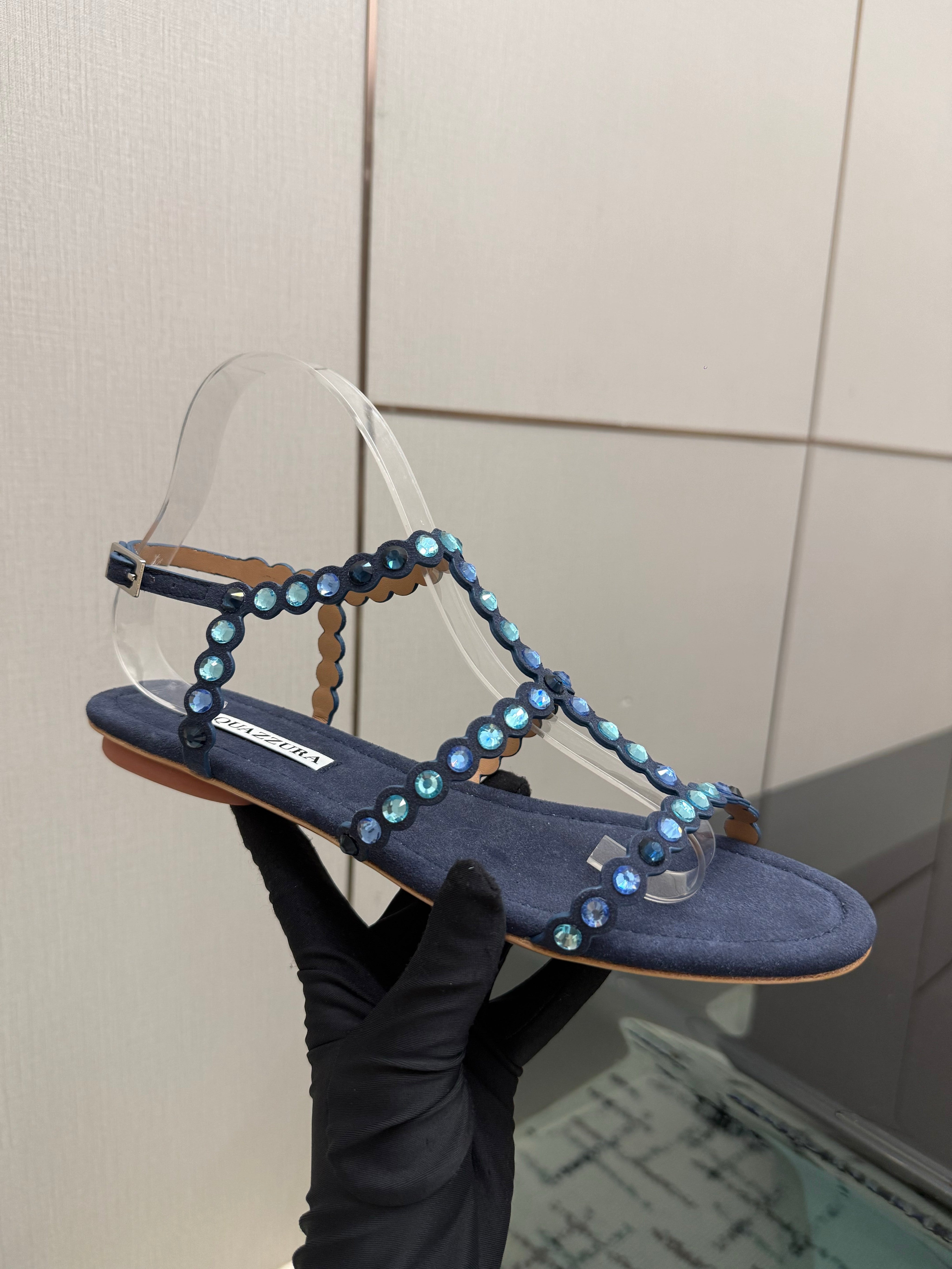 AQUAZZURA 26S FLAT SANDALS IN NAVY BLUE SUEDE CRYSTAL-EMBELLISHED