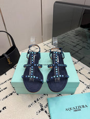 AQUAZZURA 26S FLAT SANDALS IN NAVY BLUE SUEDE CRYSTAL-EMBELLISHED