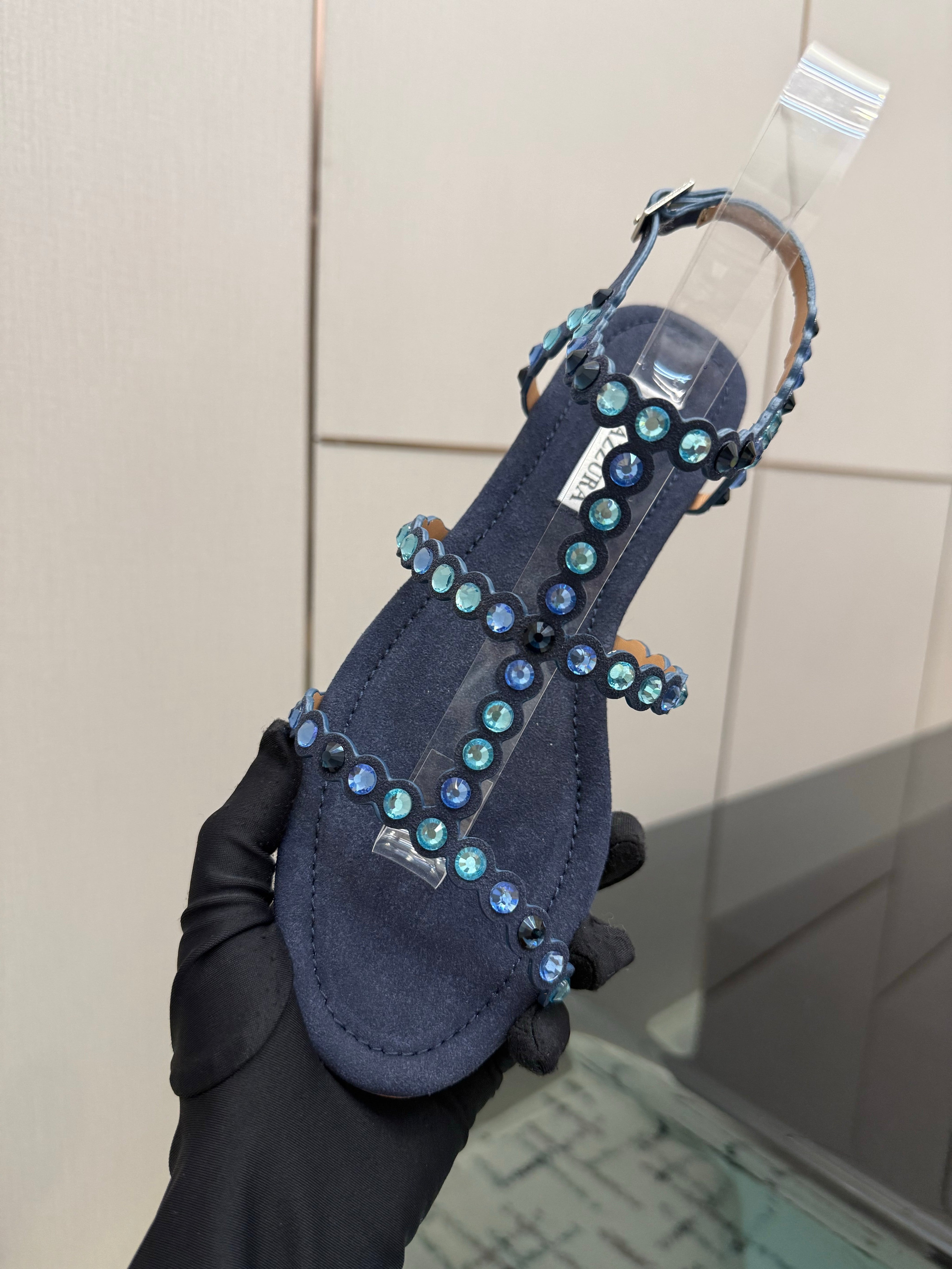 AQUAZZURA 26S FLAT SANDALS IN NAVY BLUE SUEDE CRYSTAL-EMBELLISHED