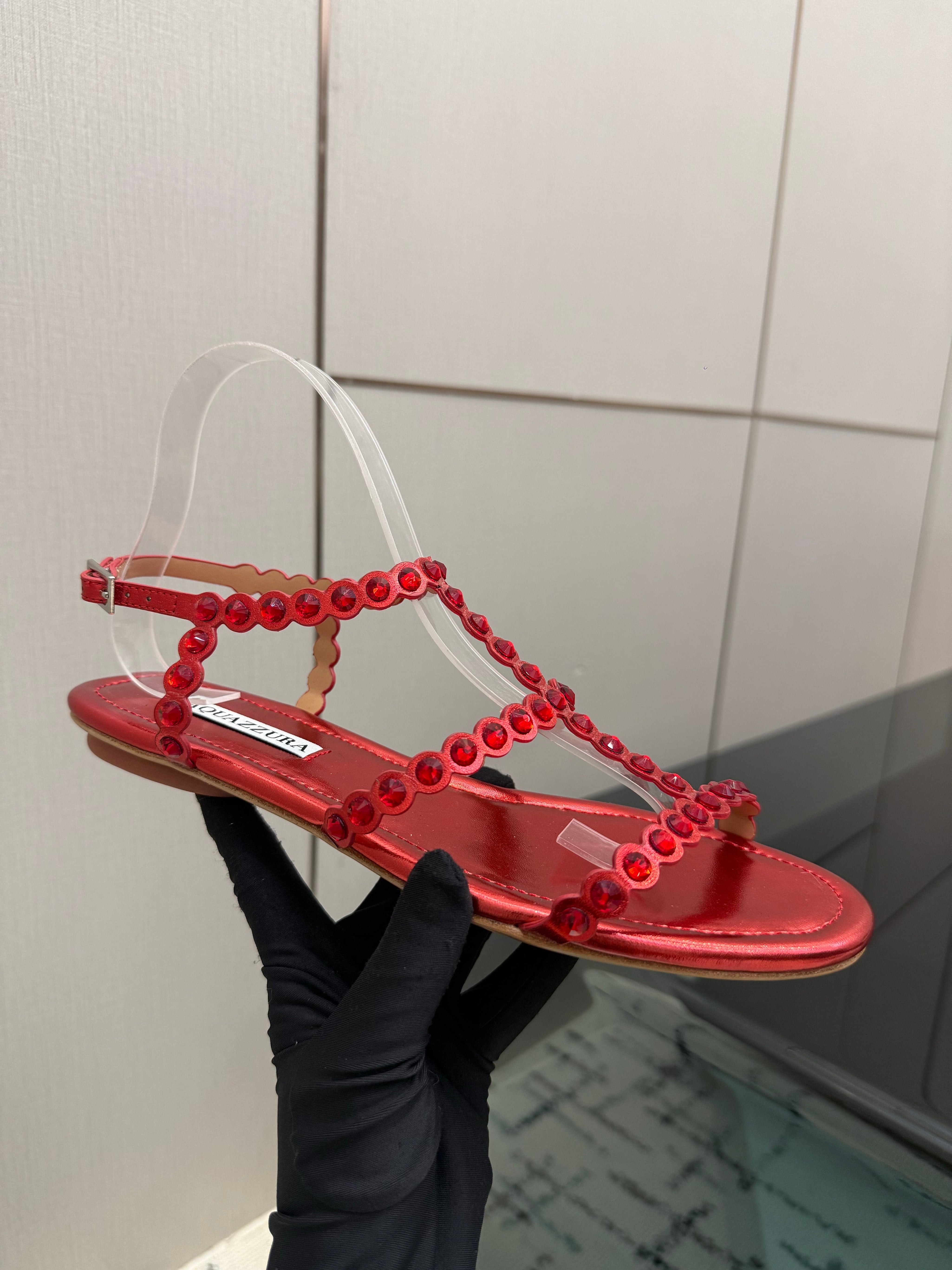 AQUAZZURA 26S FLAT SANDALS IN METALLIC RED LAMBSKIN CRYSTAL-EMBELLISHED