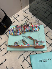 AQUAZZURA 26S FLAT SANDALS IN MULTICOLOR LAMBSKIN CRYSTAL-EMBELLISHED