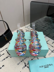 AQUAZZURA 26S FLAT SANDALS IN MULTICOLOR LAMBSKIN CRYSTAL-EMBELLISHED