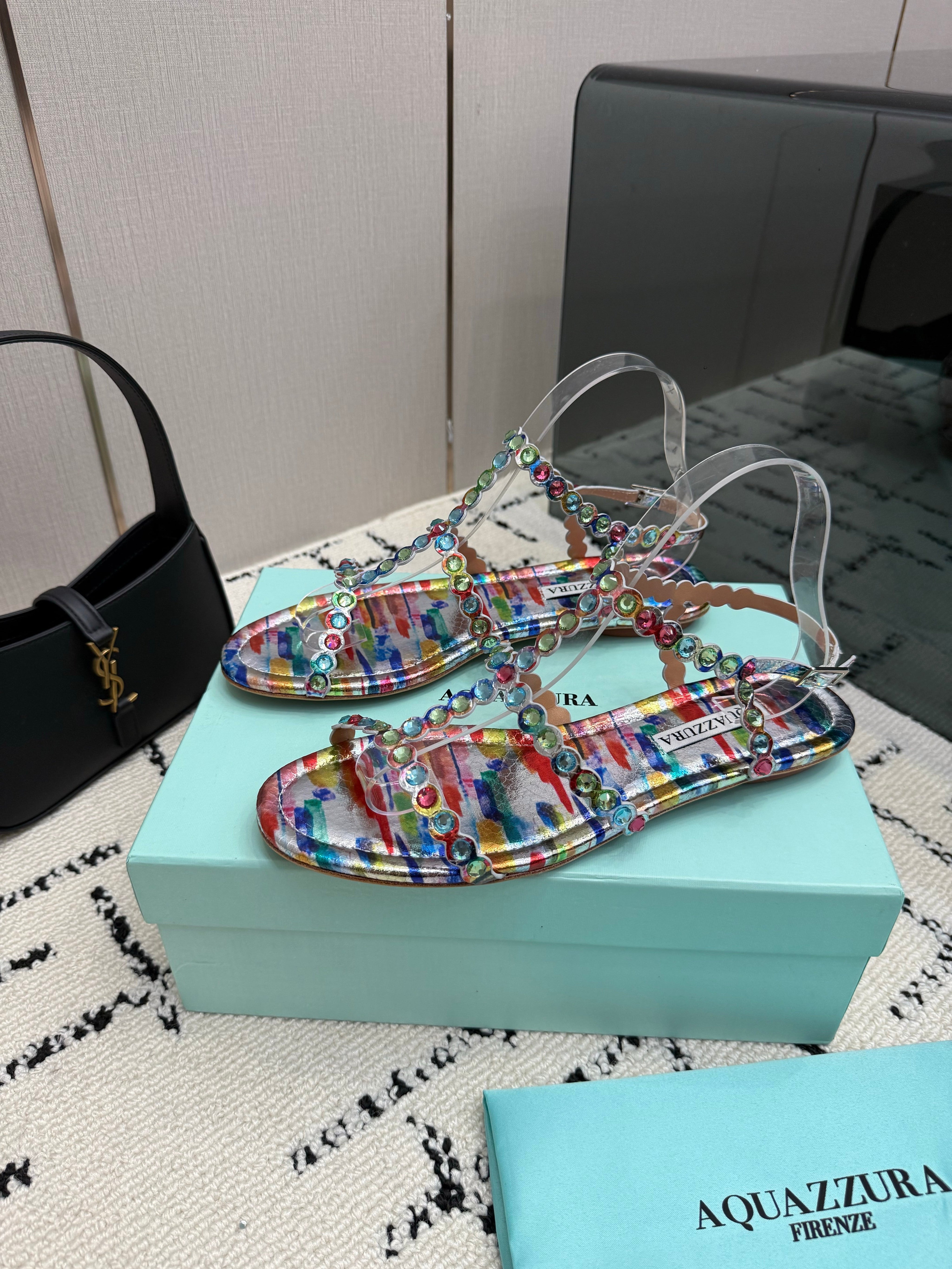 AQUAZZURA 26S FLAT SANDALS IN MULTICOLOR LAMBSKIN CRYSTAL-EMBELLISHED
