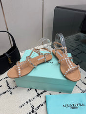 AQUAZZURA 26S FLAT SANDALS IN NUDE LAMBSKIN CRYSTAL-EMBELLISHED