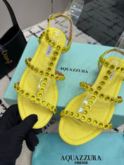 AQUAZZURA 26S FLAT SANDALS IN YELLOW LAMBSKIN CRYSTAL-EMBELLISHED