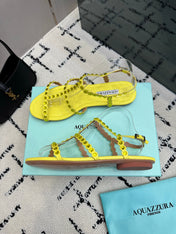 AQUAZZURA 26S FLAT SANDALS IN YELLOW LAMBSKIN CRYSTAL-EMBELLISHED