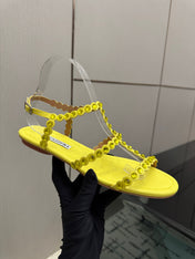 AQUAZZURA 26S FLAT SANDALS IN YELLOW LAMBSKIN CRYSTAL-EMBELLISHED