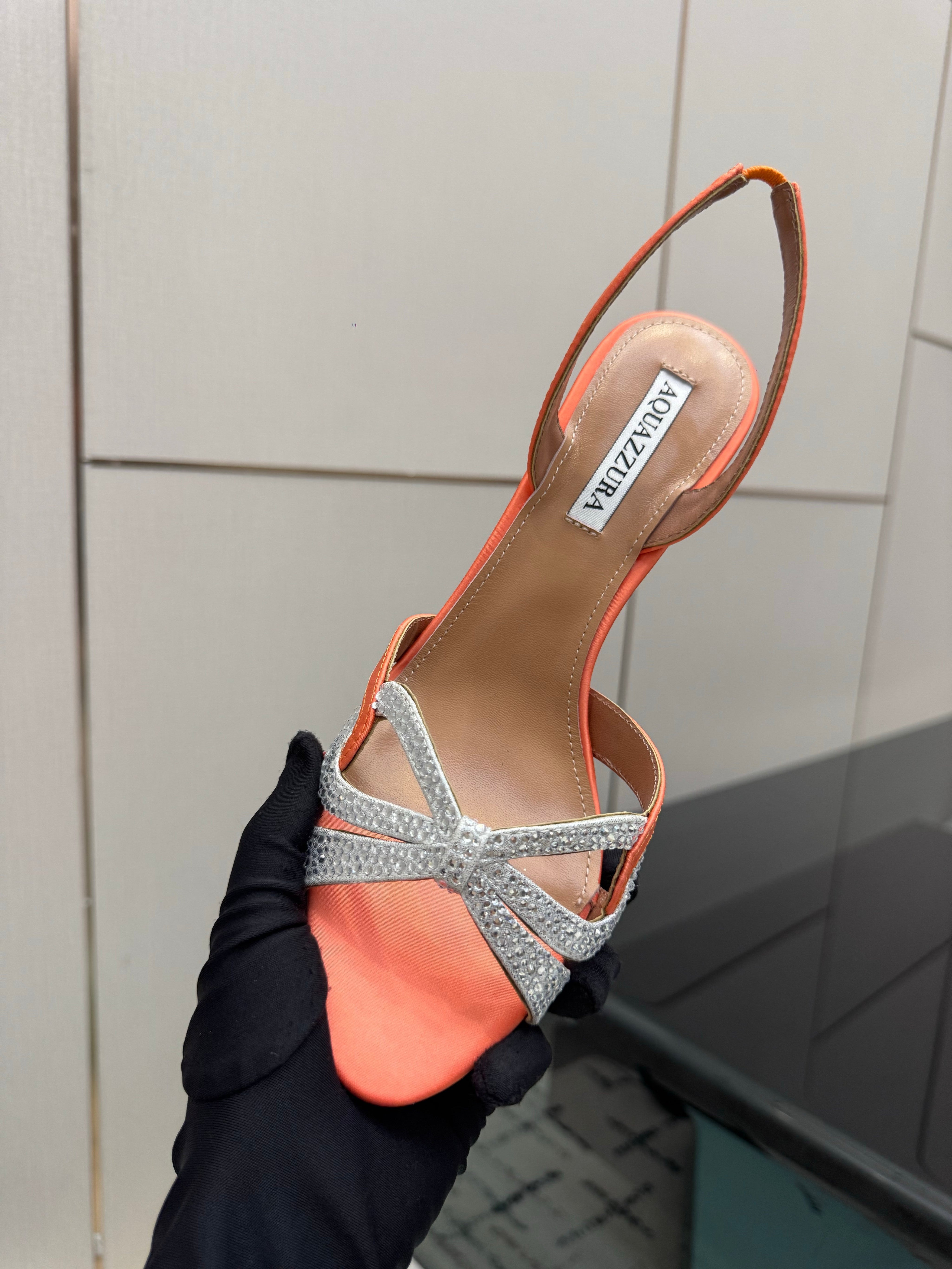 AQUAZZURA 26S HEEL SANDALS 80 MM IN ORANGE SATIN CRYSTAL STONES