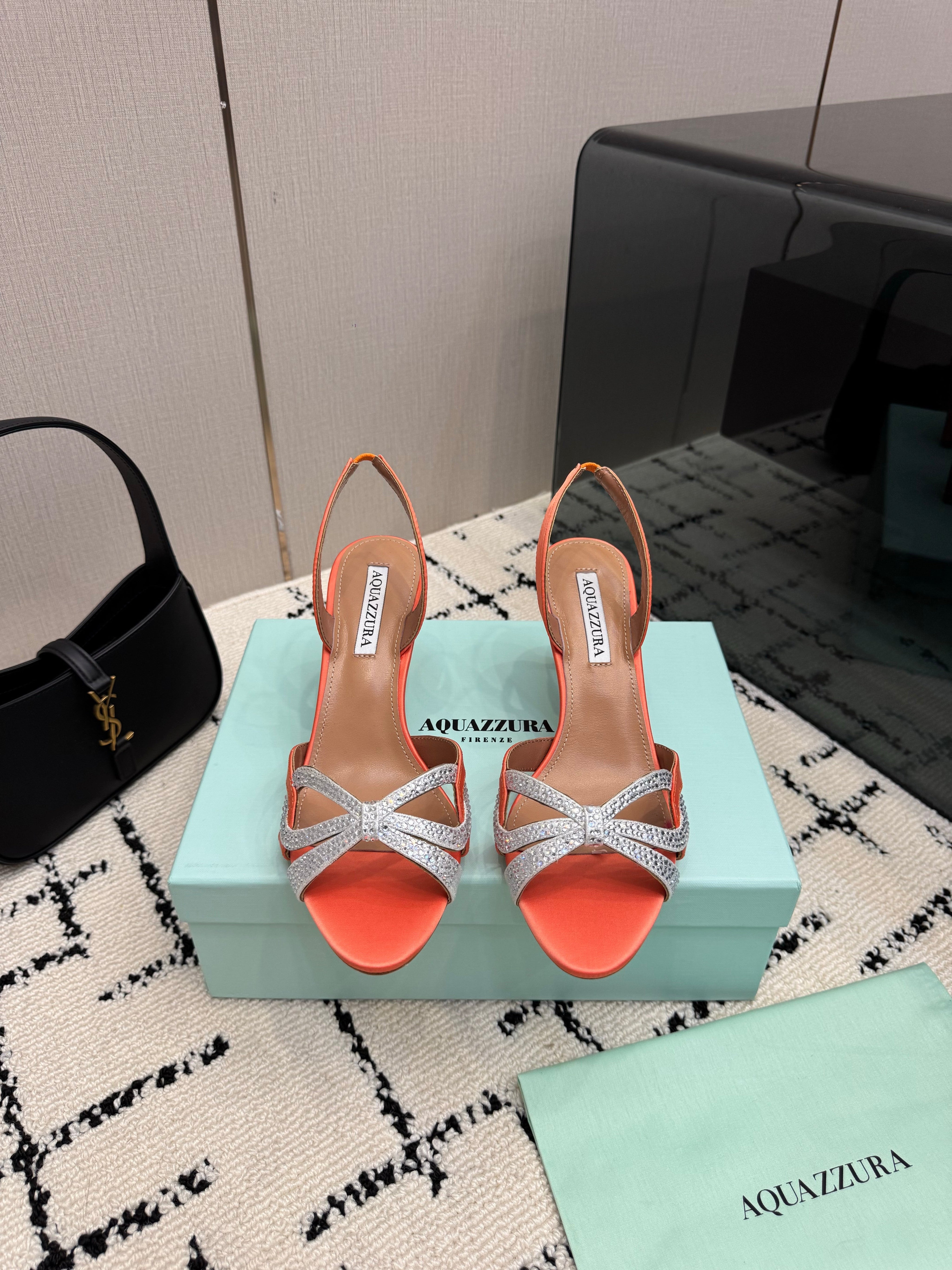 AQUAZZURA 26S HEEL SANDALS 80 MM IN ORANGE SATIN CRYSTAL STONES