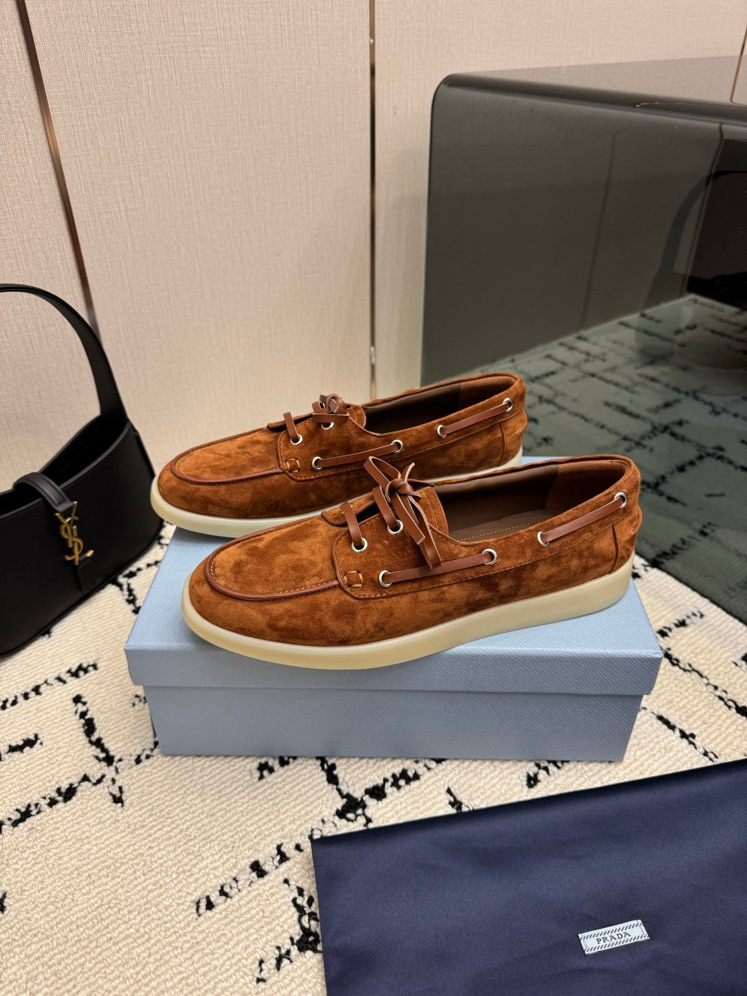 PRADA 26S LOAFERS IN COGNAC BROWN SUEDE WITH RUBBER SOLE