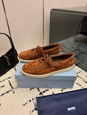 PRADA 26S LOAFERS IN COGNAC BROWN SUEDE WITH RUBBER SOLE