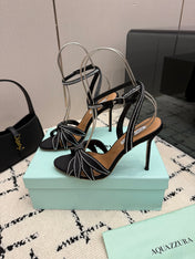 AQUAZZURA 26S HEEL SANDALS 105 MM IN BLACK SATIN RHINESTONE