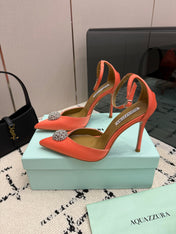 AQUAZZURA 26S POINTED-TOE PUMPS 105 MM IN LIGHT ORANGE SATIN