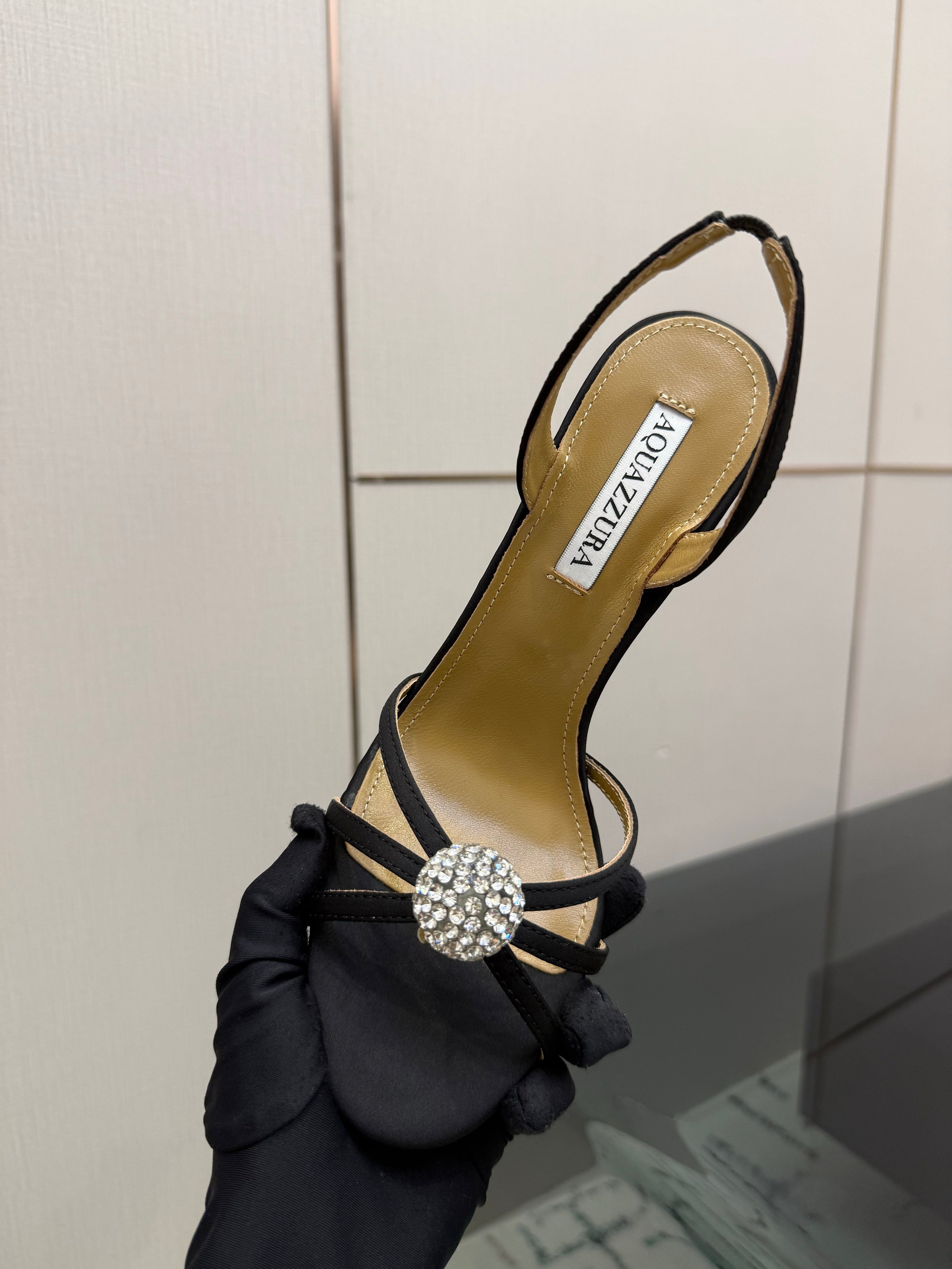 AQUAZZURA 26S STRAPPY HEELS 105 MM IN BLACK SATIN