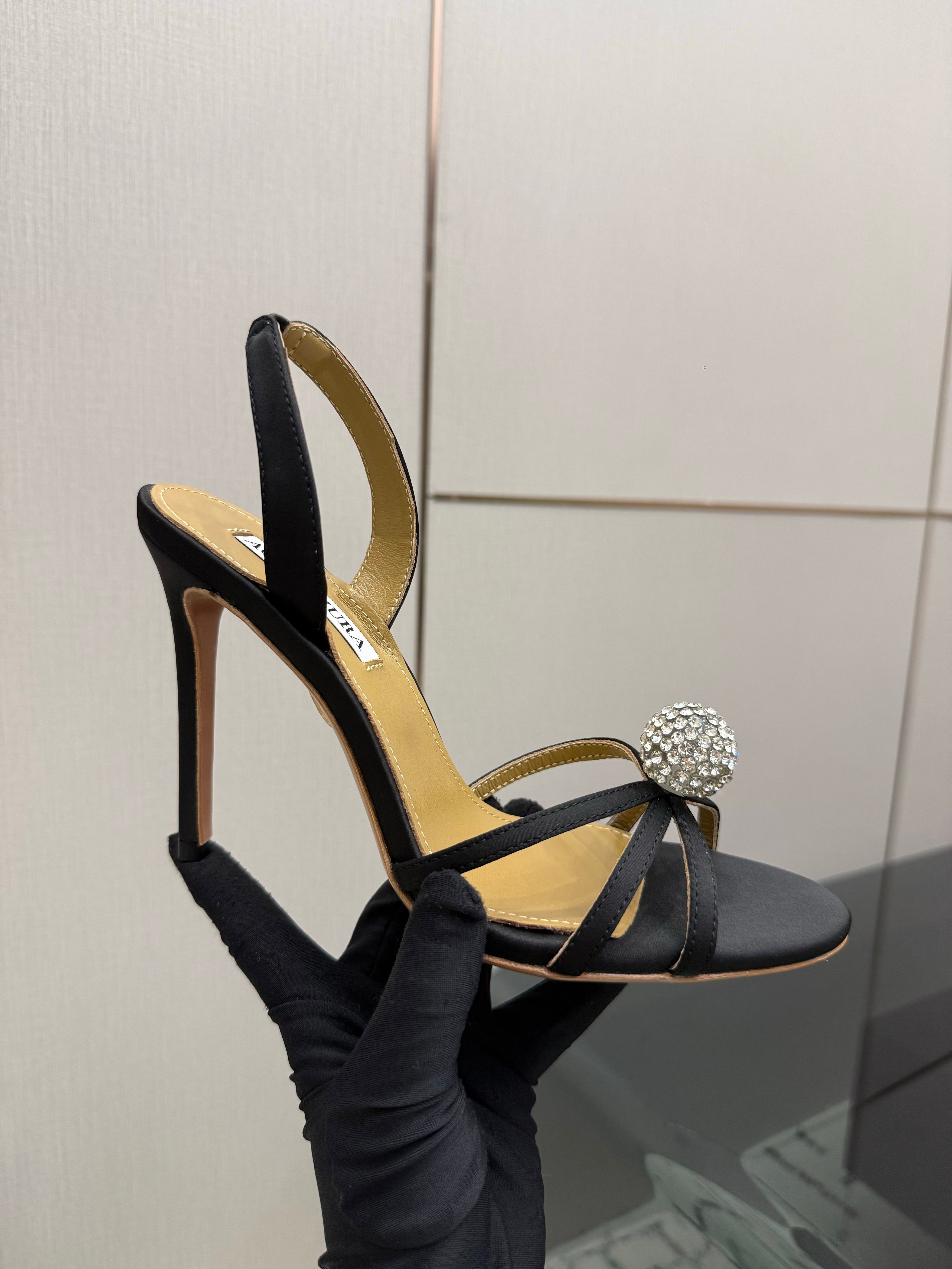 AQUAZZURA 26S STRAPPY HEELS 105 MM IN BLACK SATIN
