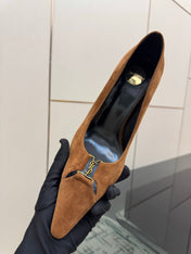 YSL 26S POINTED TOE PUMPS 75 MM IN BROWN SUEDE