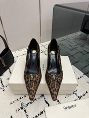 YSL 26S POINTED TOE PUMPS 75 MM IN LEOPARD PRINT SATIN
