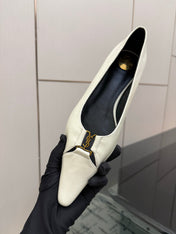 YSL 26S POINTED TOE FLATS IN WHITE CALFSKIN PATENT WITH YSL LOGO HARDWARE