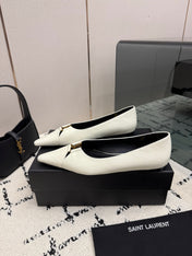 YSL 26S POINTED TOE FLATS IN WHITE CALFSKIN PATENT WITH YSL LOGO HARDWARE