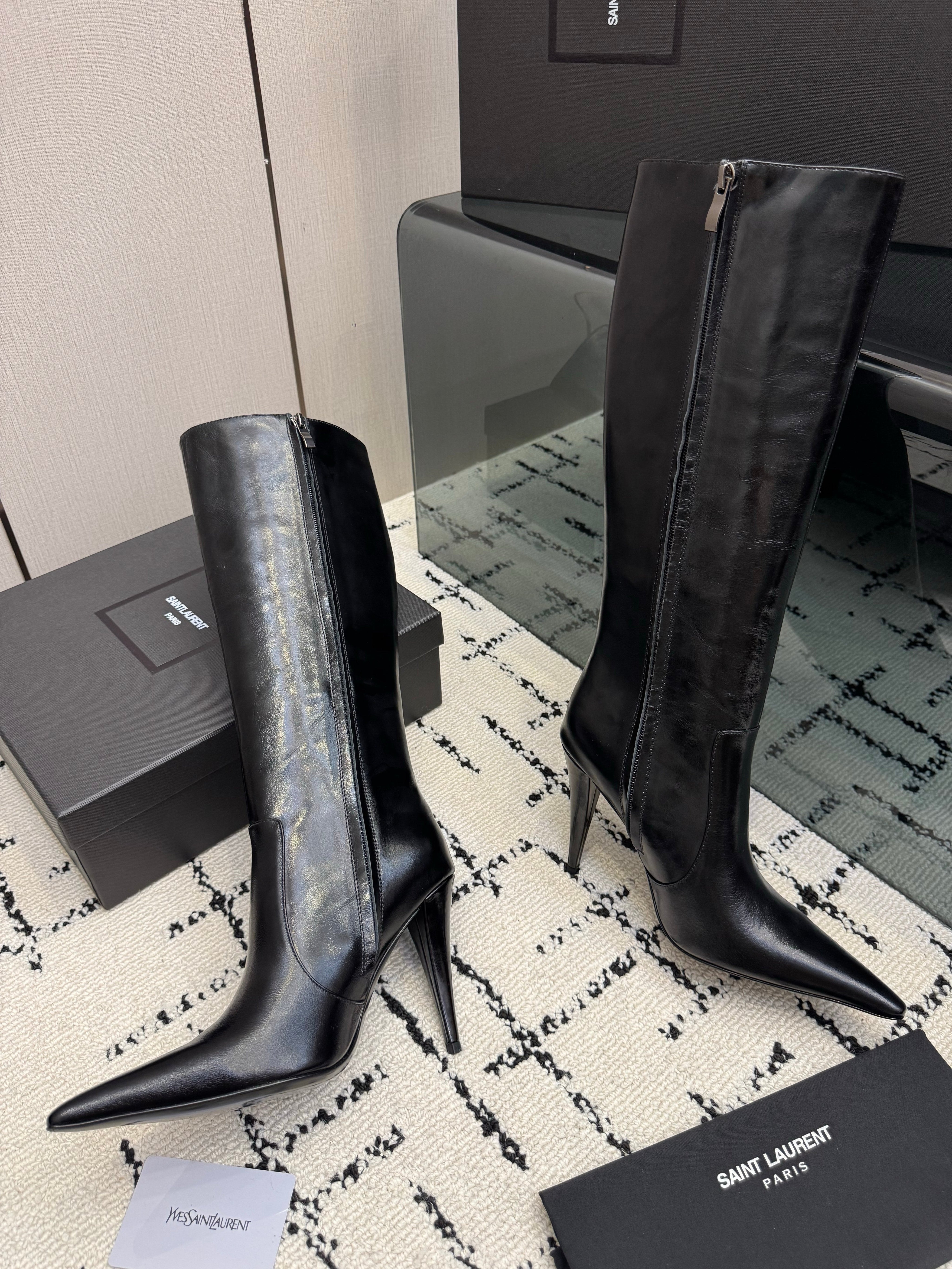YSL 26S KNEE HIGH BOOTS 100 MM IN BLACK CALFSKIN PATENT SLIM SHAFT