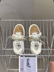 MIUMIU 25S SNEAKERS 45MM IN EARTH BROWN SUEDE WITH LEOPARD-PRINT LACES SHEARLING