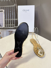 CELINE 26S TRIOMPHE LACE UP ANKLE STRAP FLAT SANDALS IN GOLD CALFSKIN