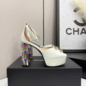 CC HIGH SANDAL 25S 110 MM IN CREAM WHITE CALFSKIN WITH MULTICOLOR STONES