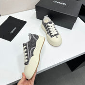 CHANEL 26S PLATFORM SNEAKERS IN GREY CHECKERED WOVEN DENIM FABRIC