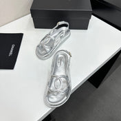 CHANEL 26S FLAT SANDALS IN SILVER LAMBSKIN