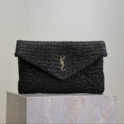 YSL 25S CASSANDRE LARGE ENVELOPE POUCH 29 IN BLACK RAFFIA GOLD HARDWARE