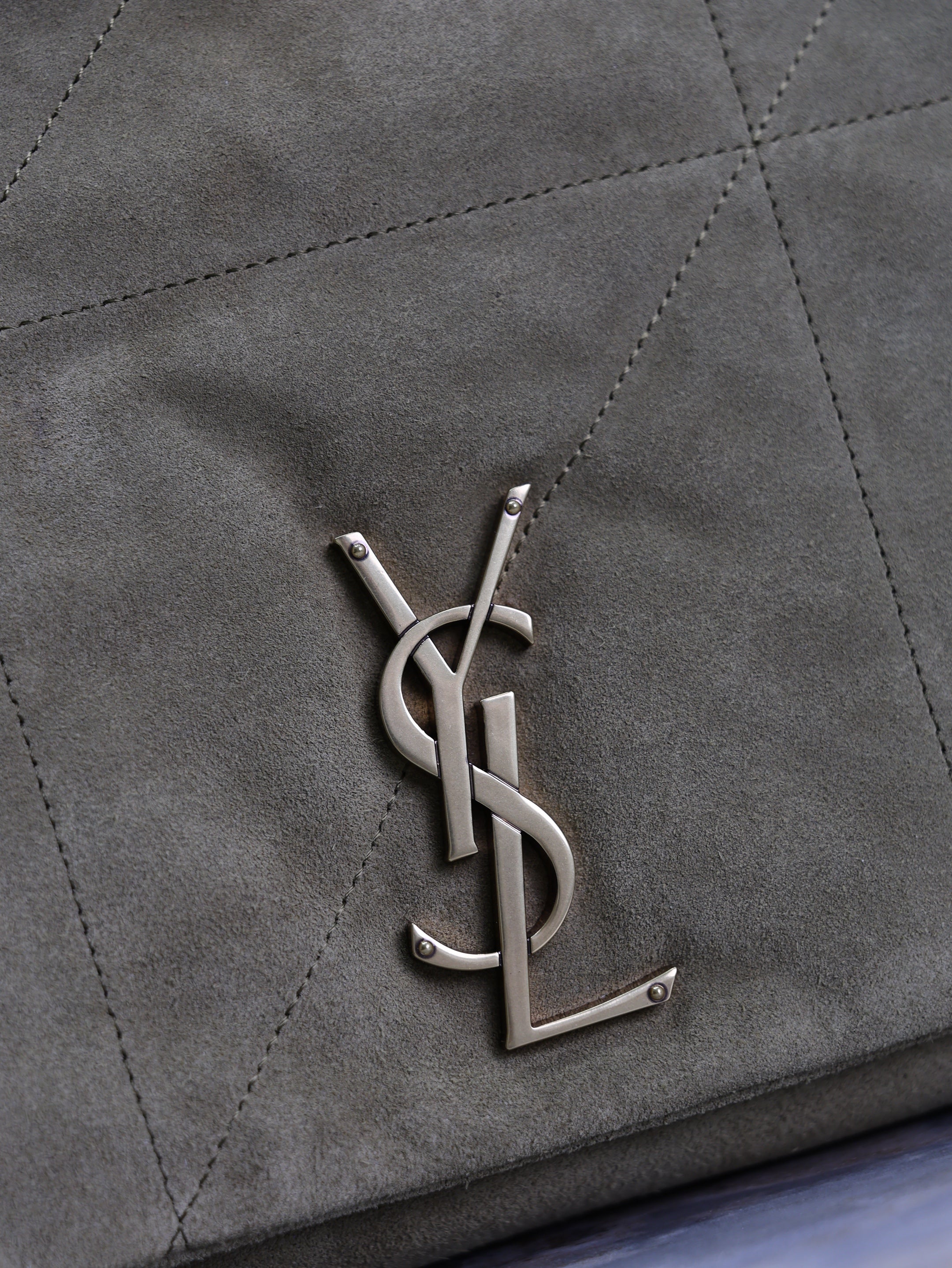 YSL 25S LARGE JAMIE 43 IN MUTED KHAKI SUEDE GOLD HARDWARE