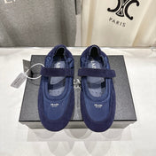 PRADA 25S COLLAPSE RE NYLON AND SUEDE BALLERINAS IN DARK BLUE