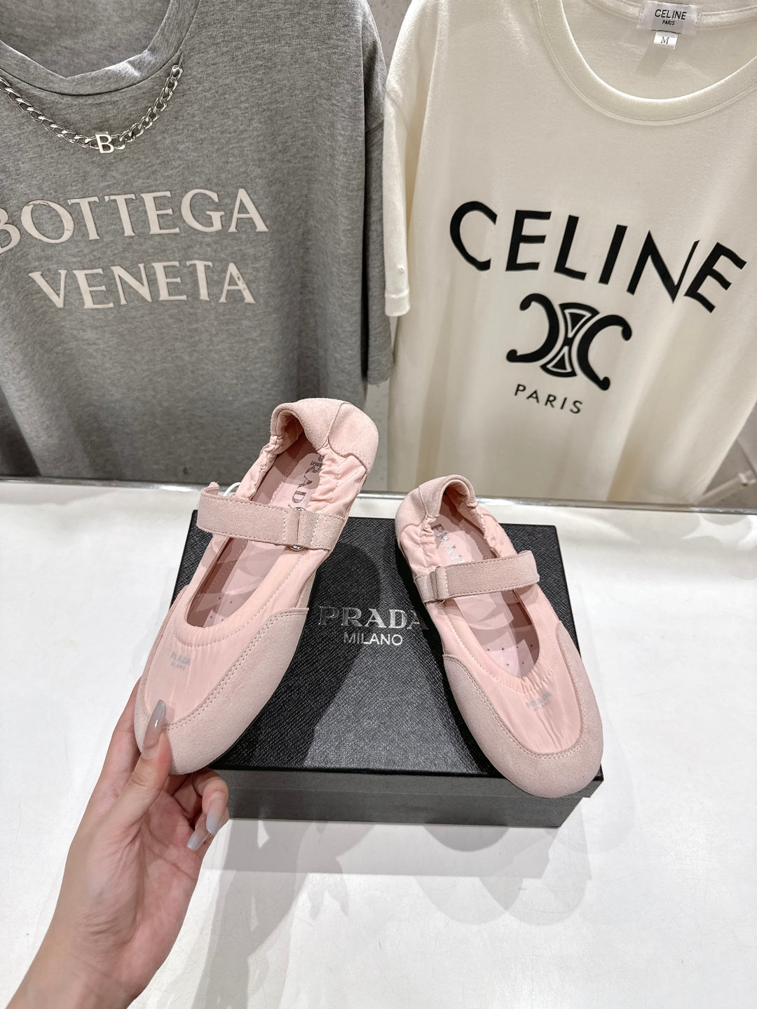 PRADA 25S COLLAPSE RE NYLON AND SUEDE BALLERINAS IN BABY PINK