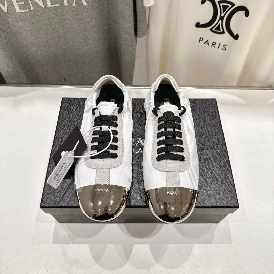 PRADA 25S COLLAPSE RE NYLON AND SUEDE SNEAKERS IN WHITE WITH METAL TOECAP
