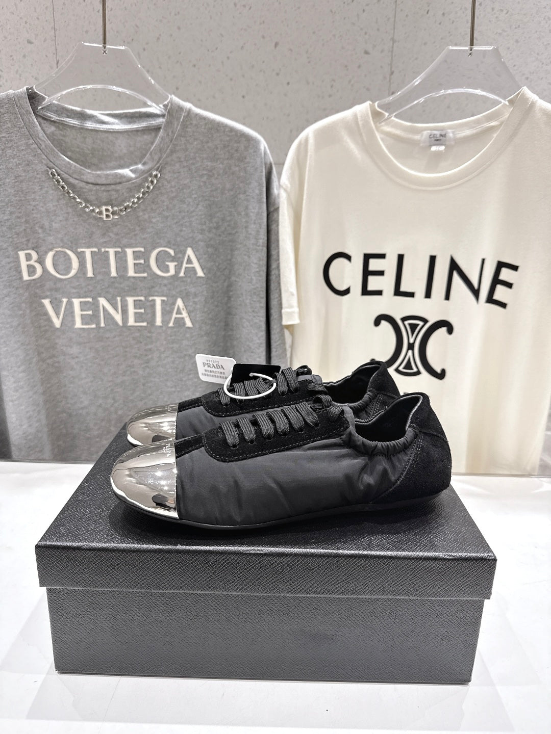 PRADA 25S COLLAPSE RE NYLON AND SUEDE SNEAKERS IN BLACK WITH METAL TOECAP