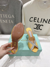 AQUAZZURA 26S HEEL SANDALS 80 MM IN YELLOW CANVAS WITH CRYSTALS