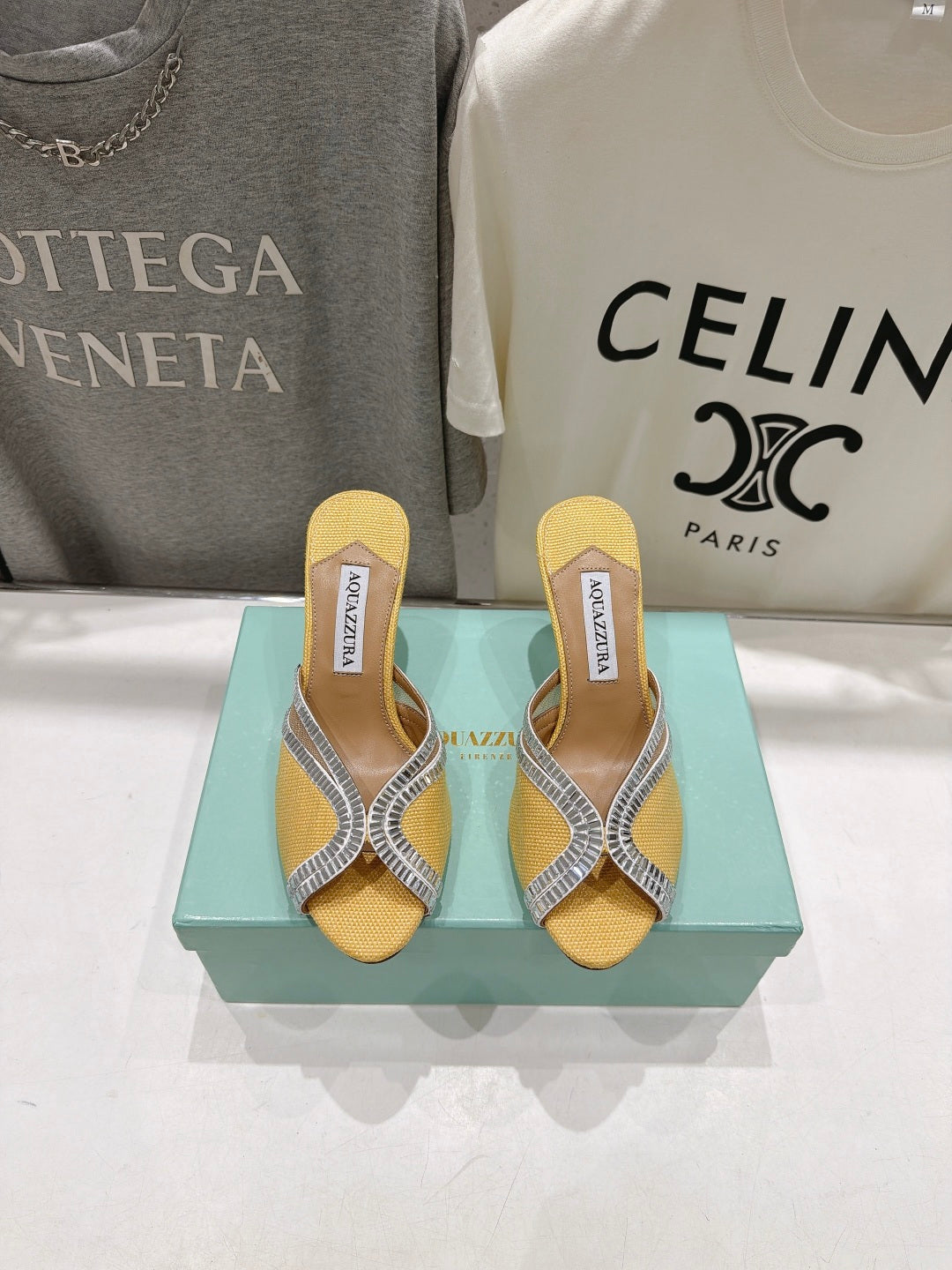 AQUAZZURA 26S HEEL SANDALS 80 MM IN YELLOW CANVAS WITH CRYSTALS