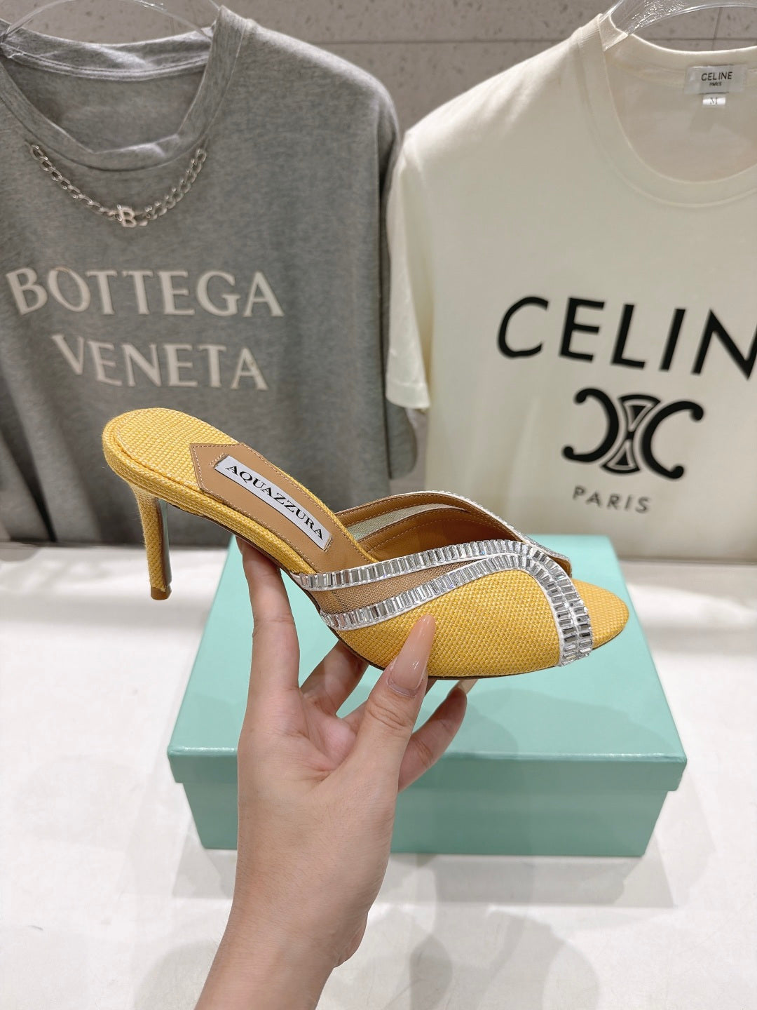 AQUAZZURA 26S HEEL SANDALS 80 MM IN YELLOW CANVAS WITH CRYSTALS