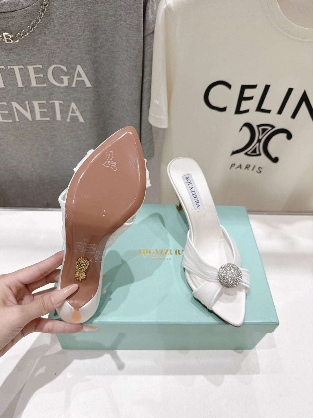 AQUAZZURA 26S HEEL SANDALS 80 MM IN WHITE SATIN CRYSTAL-EMBELLISHED SPHERE