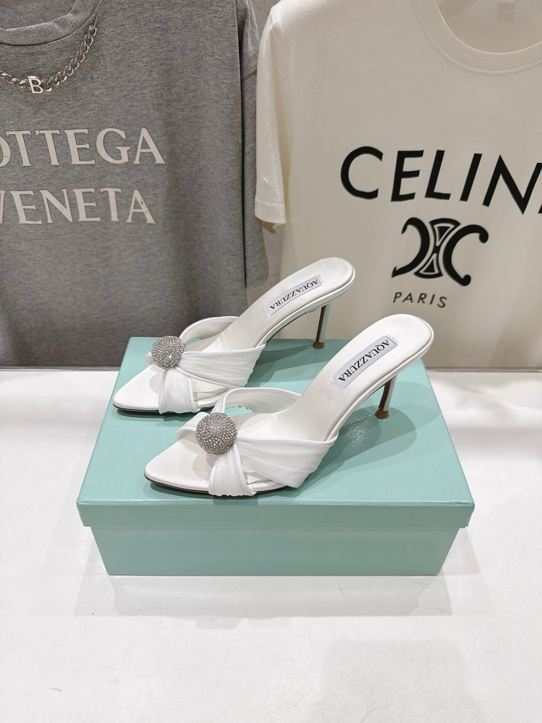 AQUAZZURA 26S HEEL SANDALS 80 MM IN WHITE SATIN CRYSTAL-EMBELLISHED SPHERE