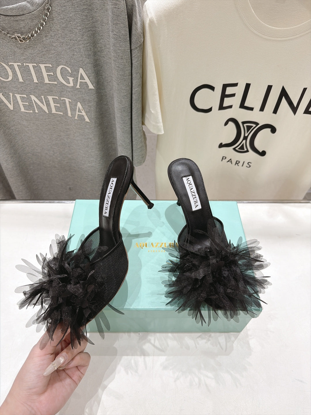 AQUAZZURA 26S BOUQUET HEELED SANDALS 80 MM IN BLACK SATIN & CALFSKIN