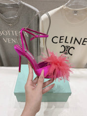 AQUAZZURA 26S BOUQUET HEELED SANDALS 100 MM IN PINK SATIN & CALFSKIN