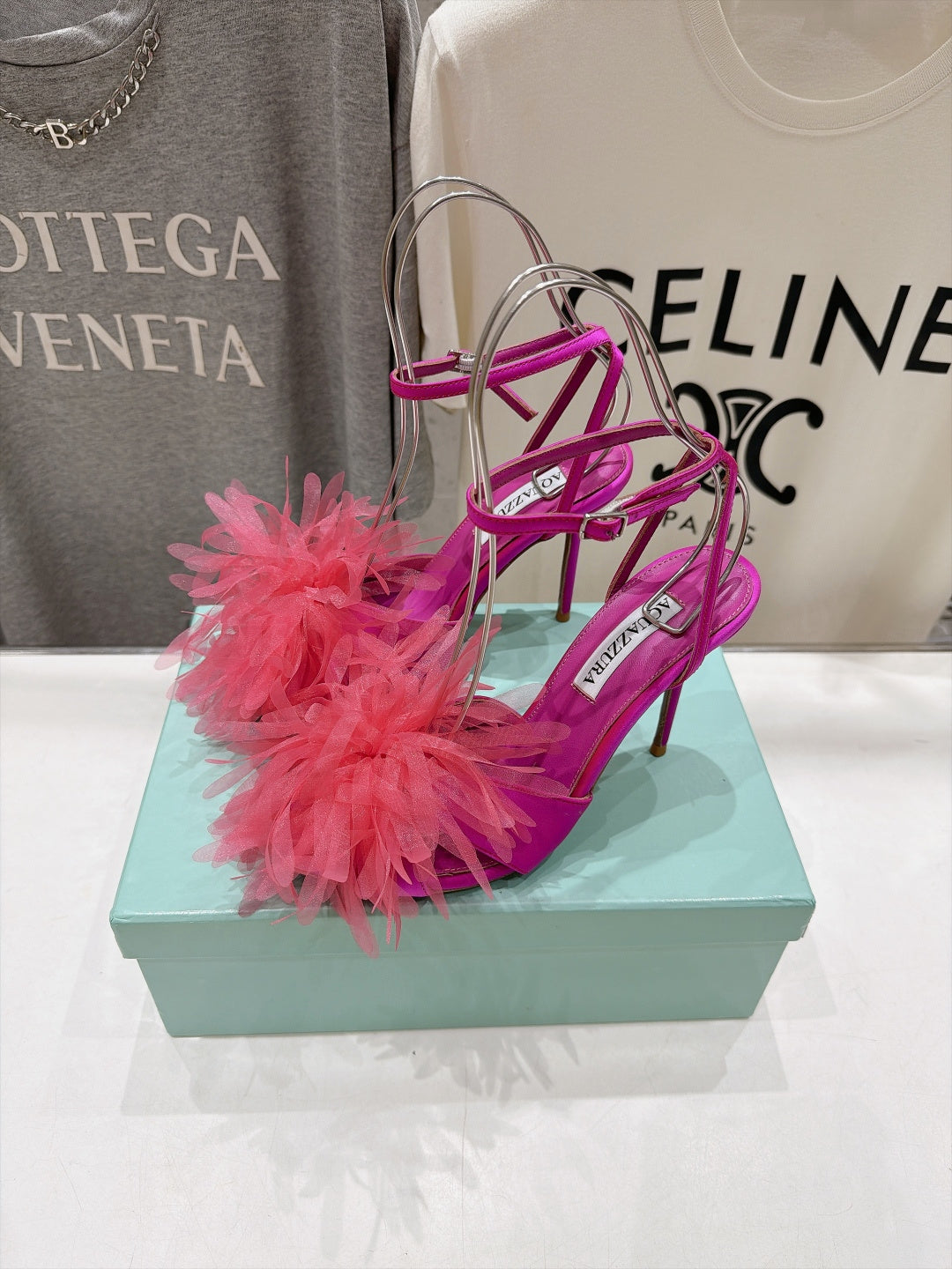 AQUAZZURA 26S BOUQUET HEELED SANDALS 100 MM IN PINK SATIN & CALFSKIN