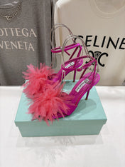 AQUAZZURA 26S BOUQUET HEELED SANDALS 100 MM IN PINK SATIN & CALFSKIN