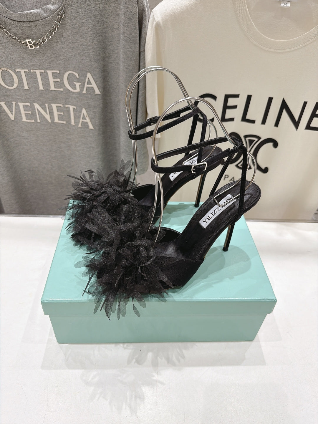 AQUAZZURA 26S BOUQUET HEELED SANDALS 100 MM IN BLACK SATIN & CALFSKIN