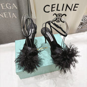 AQUAZZURA 26S BOUQUET HEELED SANDALS 100 MM IN BLACK SATIN & CALFSKIN