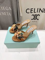 AQUAZZURA 26S FLORAL APPLIQUE SANDALS 80 MM IN BROWN WOVEN FABRIC