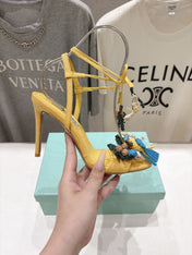 AQUAZZURA 26S FLORAL APPLIQUE SANDALS 100 MM IN YELLOW WOVEN FABRIC