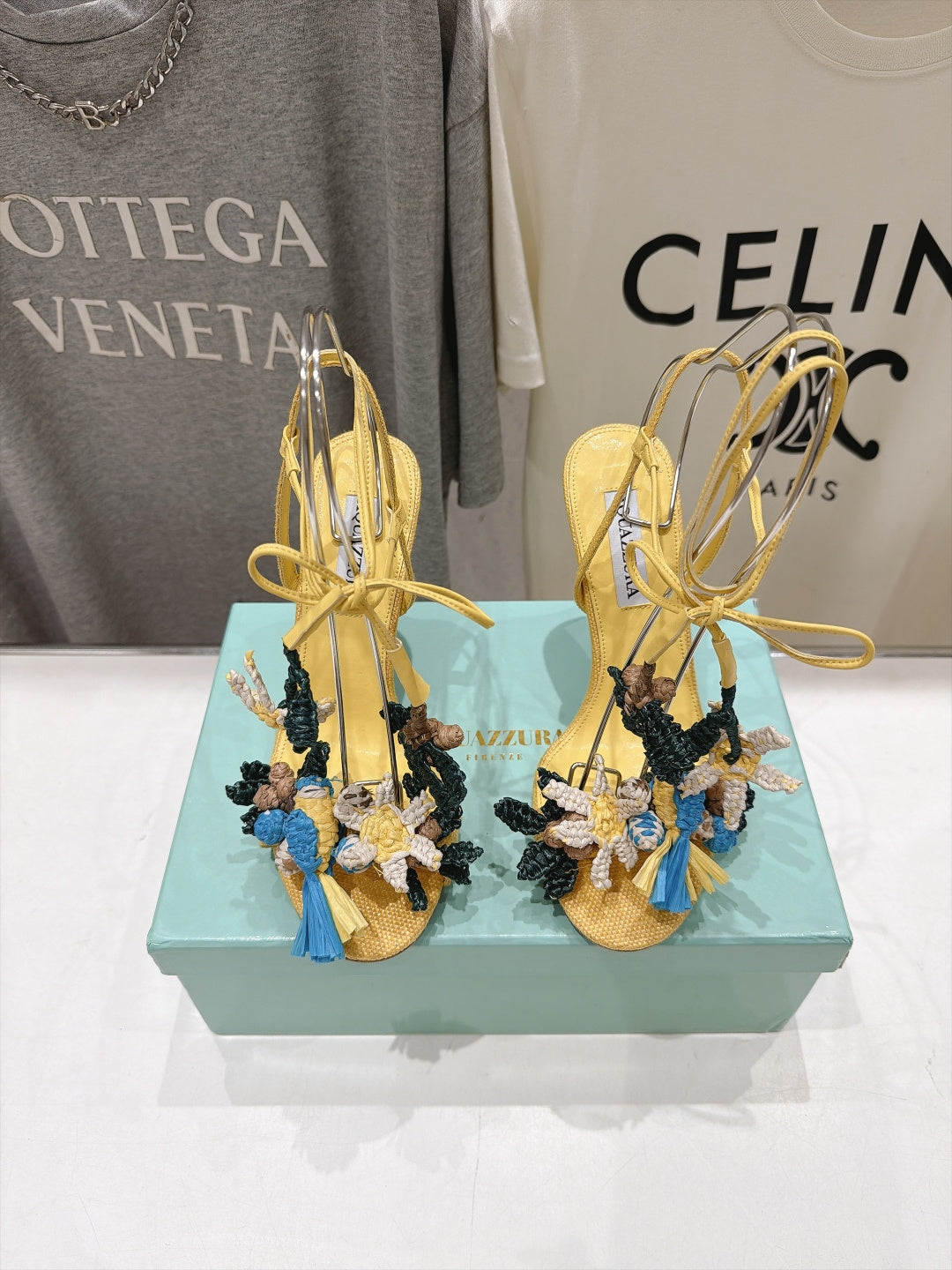 AQUAZZURA 26S FLORAL APPLIQUE SANDALS 100 MM IN YELLOW WOVEN FABRIC